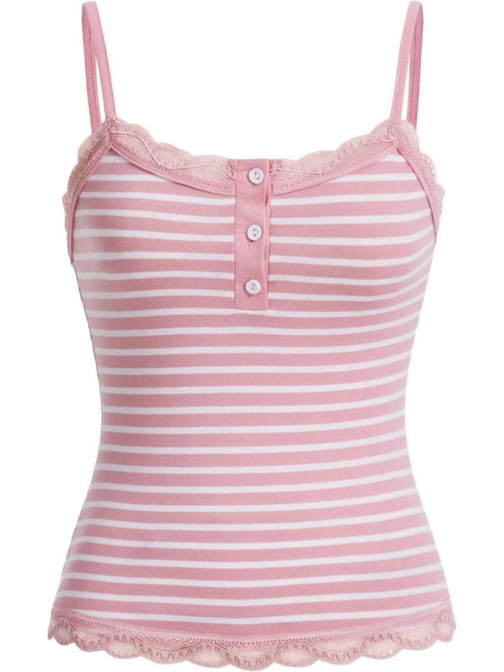 Striped Lace Trim Spaghetti Strap Tank Top - Button Front Summer Essential